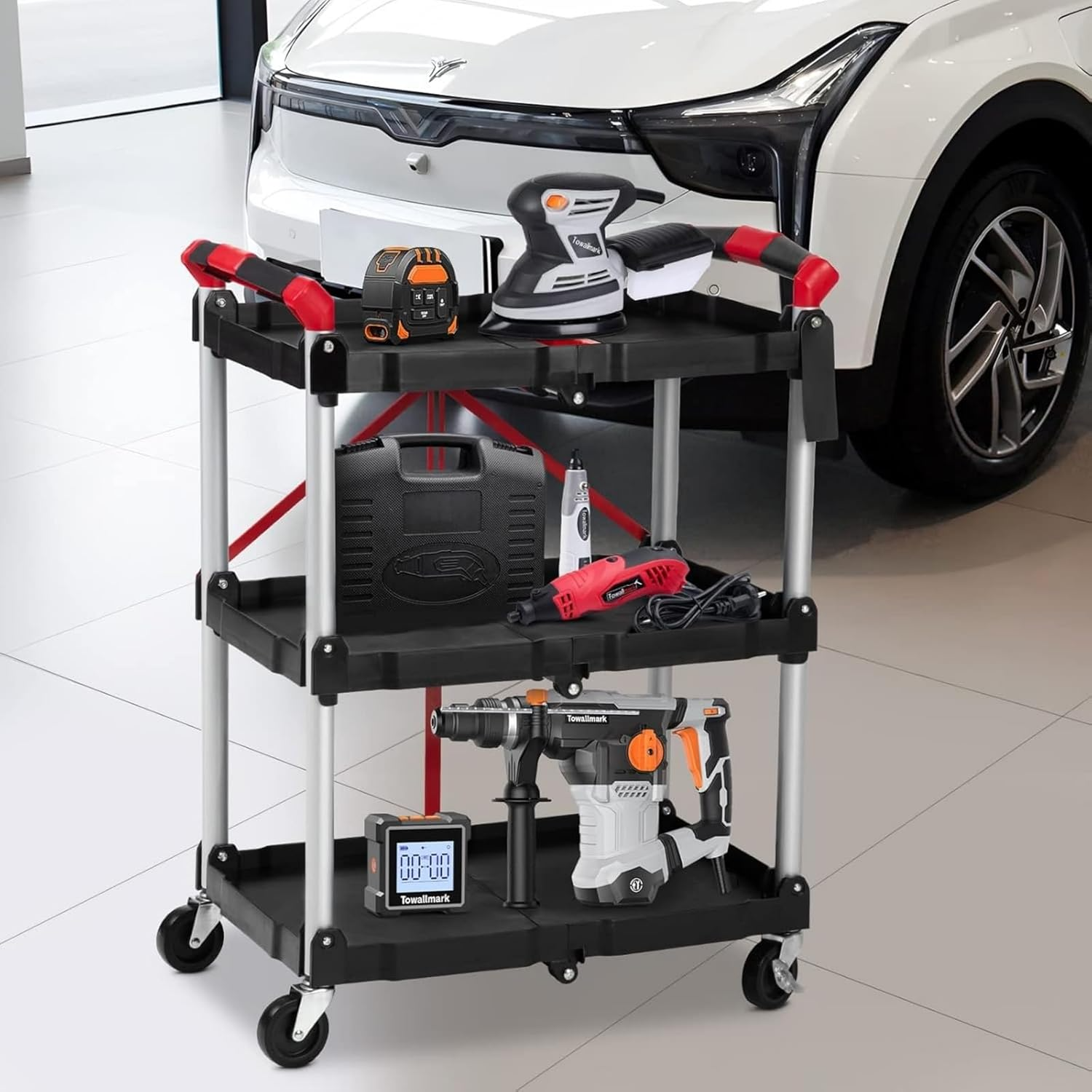 Garvee Carro de Servicio Plegable de 3 Niveles Carrito de Transporte Multiusos de Aluminio y PP con Ruedas y Frenos para Oficina Taller y Eventos
