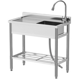 Garvee Fregadero independiente 99 x 50 x 96 cm de Acero Inoxidable con Grifo Extraíble y Estante para Cocina Comercial y Exterior Plata - Con Grifería-Derecha