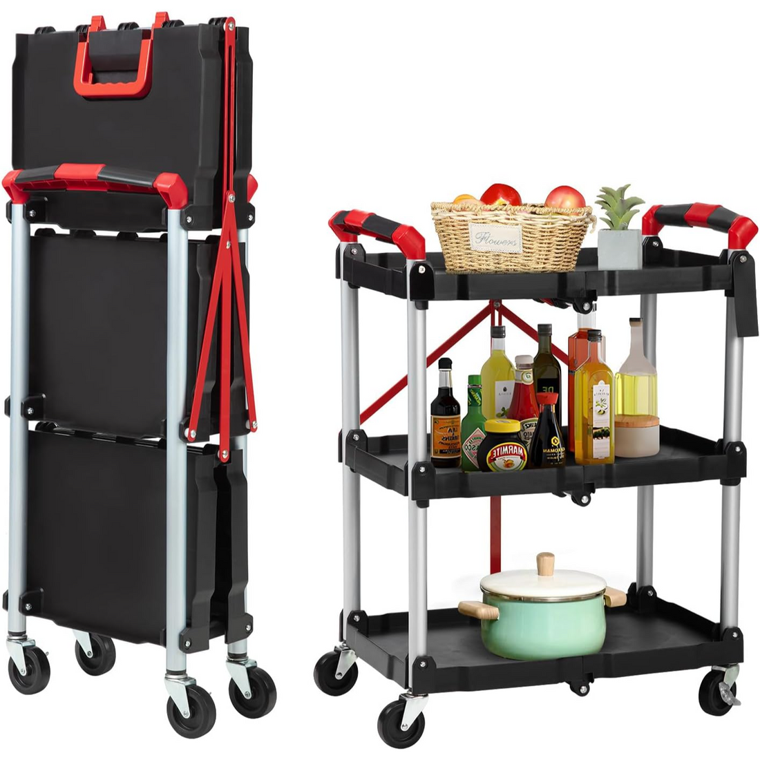 Garvee Carro Utilitario Plegable de 3 Niveles Carrito de Almacenamiento con Ruedas y Frenos Estructura de Aluminio y PP para Oficina Taller y Camping