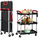 Garvee Carro Utilitario Plegable de 3 Niveles Carrito de Almacenamiento con Ruedas y Frenos Estructura de Aluminio y PP para Oficina Taller y Camping - Negro