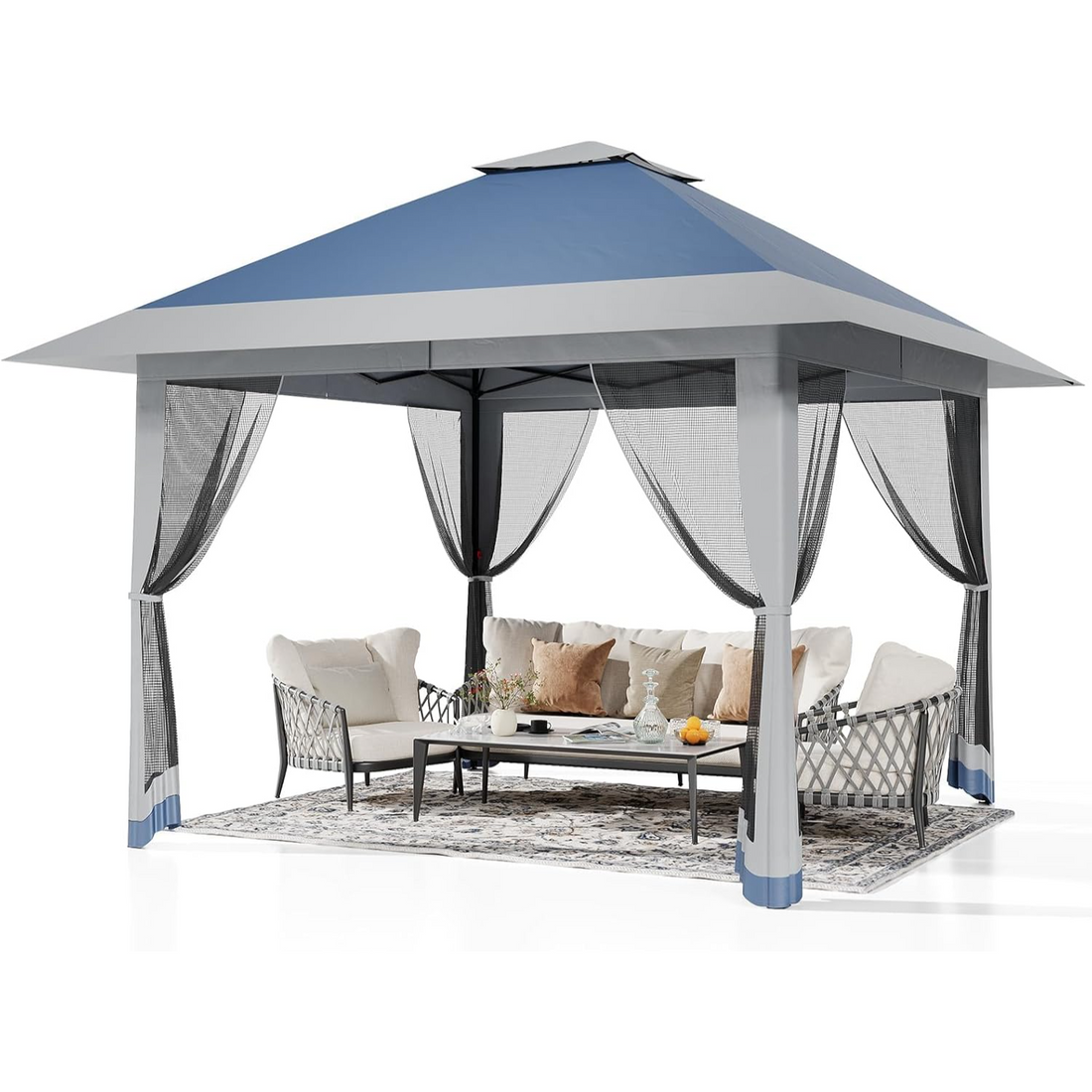Garvee Carpa Pop Up 396x396cm con Mosquitera, Impermeable y UV, Estructura Metálica Resistente, Oxford 150D para Jardín y Camping, Azul
