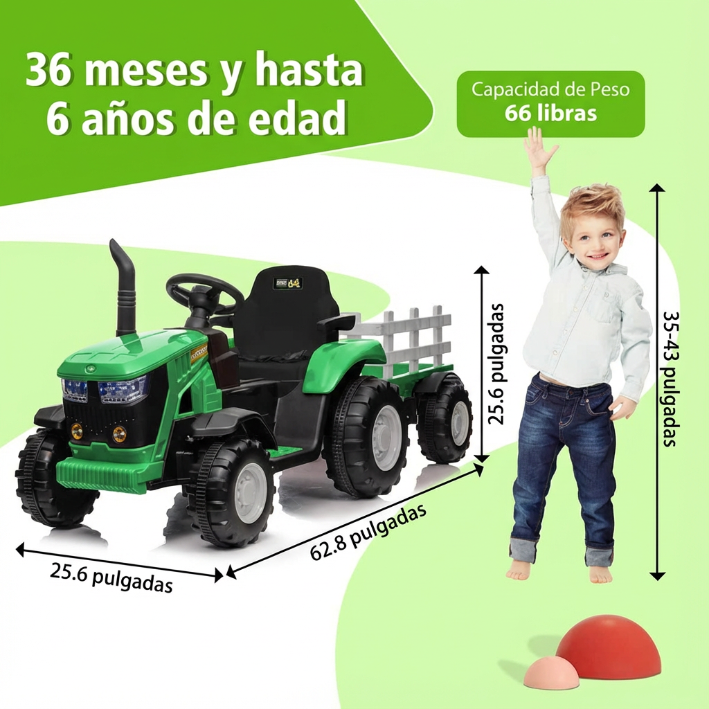 Garvee Tractor Eléctrico 12V, Doble Motor 35W, Remolque Desmontable, 6 Ruedas Goma, Control Remoto, 3 Velocidades, Luces LED, 3-6 años, Jardín, Verde