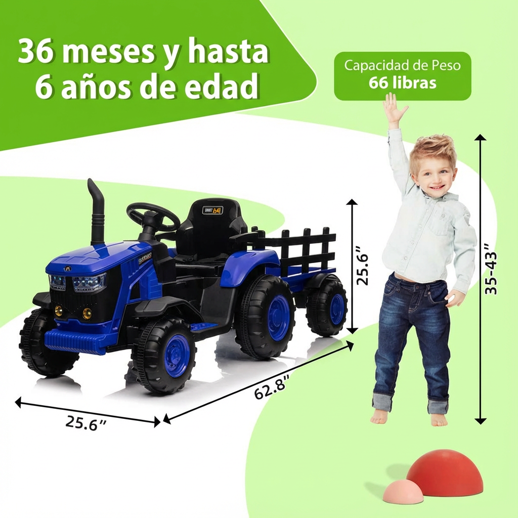 Garvee Tractor Eléctrico 12V, Remolque Desmontable, Doble Motor 35W, 3 Velocidades, Luces LED, Control Remoto, 3-6 años, Jardín, Azul