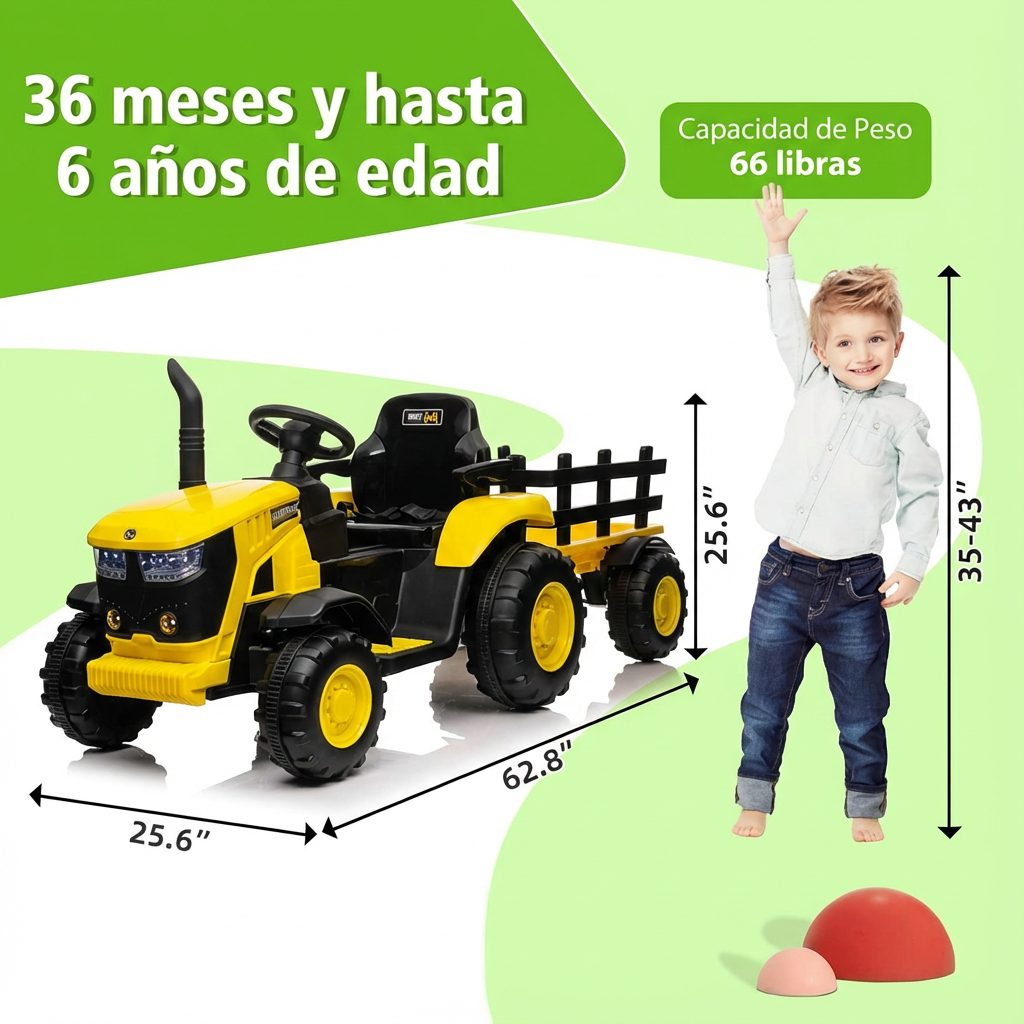 Garvee Tractor Eléctrico Infantil 12V con Remolque y Control Remoto - Amarillo