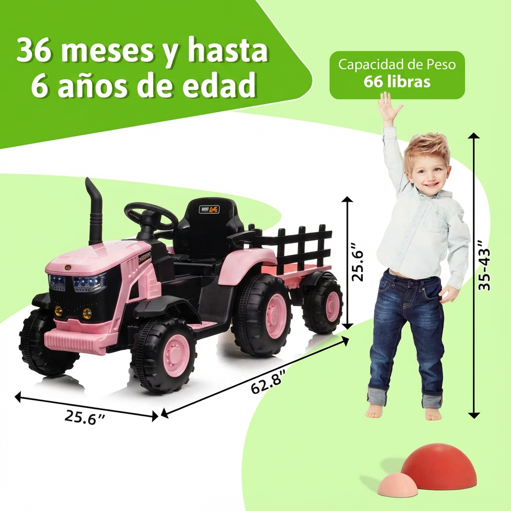 Garvee Tractor Eléctrico 12V, Remolque Amovible, Motor Doble 35W, Control Remoto, 3-6 años, Jardín, Rosa
