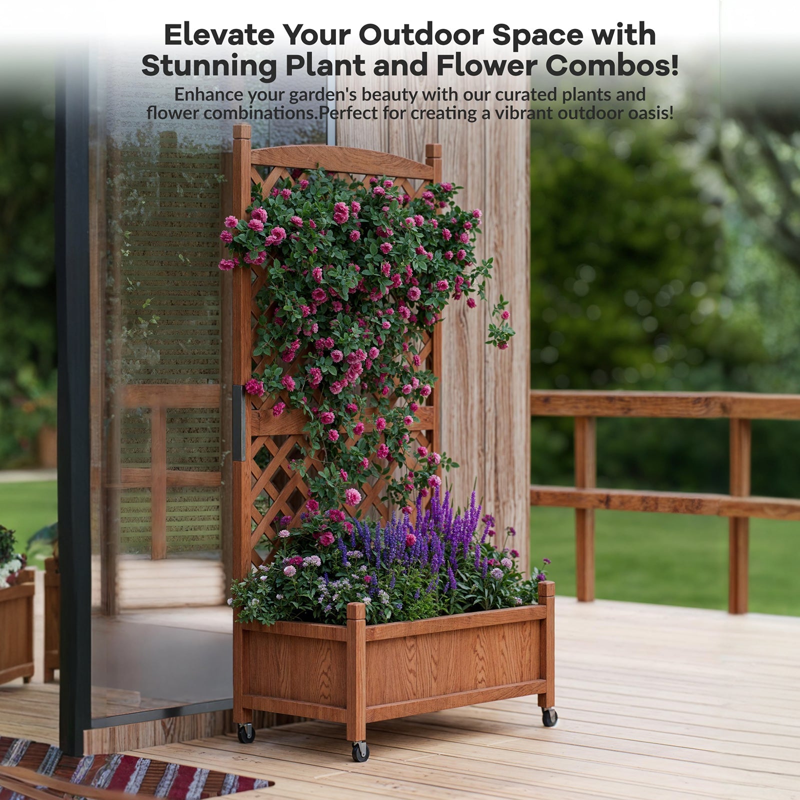 Garvee Jardinera de Madera Con Enrejado y Ruedas Para Patio y Jardín 75x33x150 Cm Café