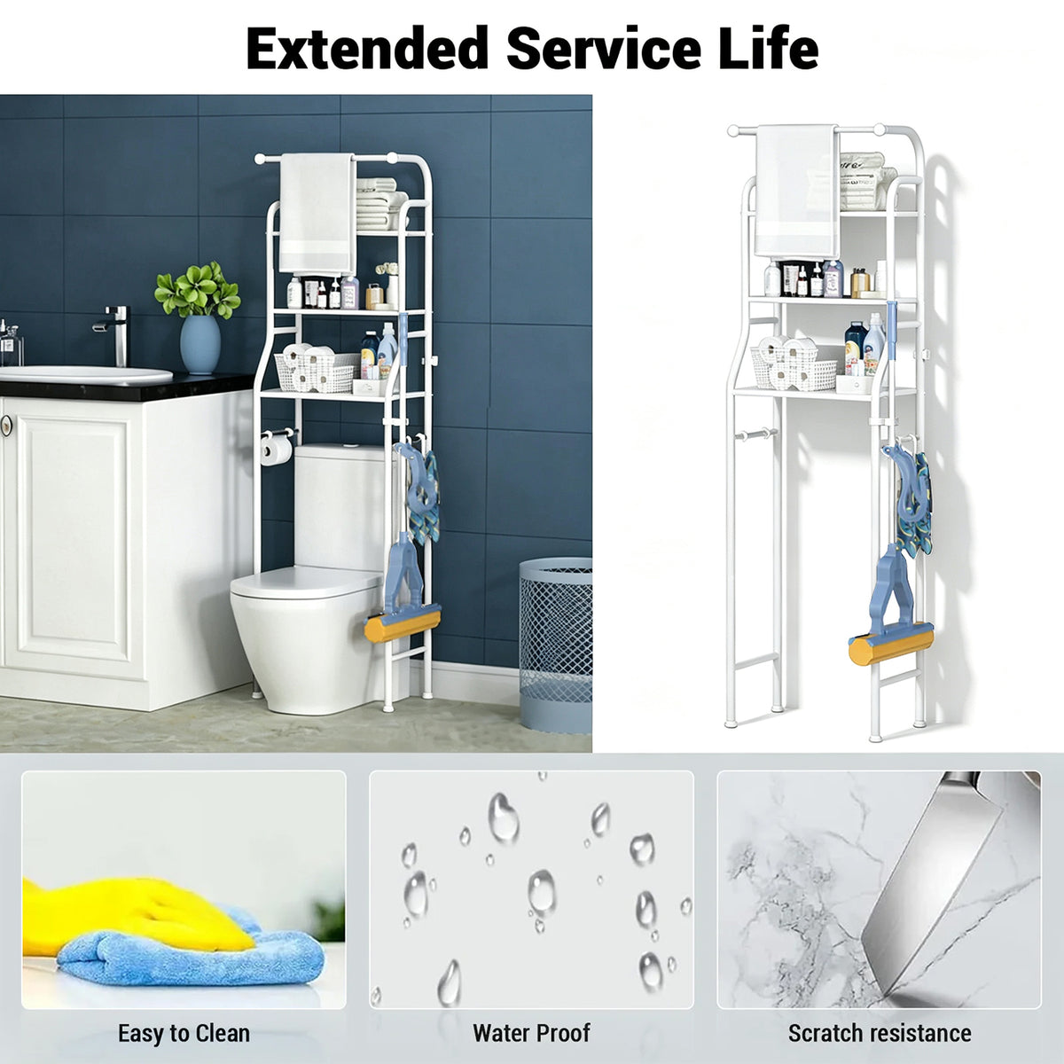 Garvee Estantería de Almacenaje para Inodoro y Baño, Ahorro de Espacio con 3 Niveles, Estructura de Acero al Carbono Resistente y Estable, 46 x 25 x 157 cm, Blanco