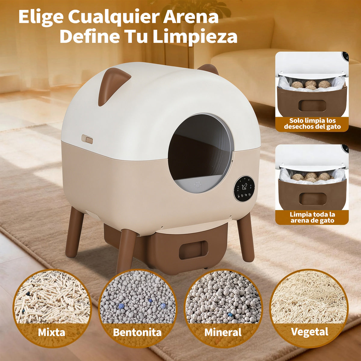 Garvee Arenero Autolimpiante Automático para Gatos Tambor 76 L Control por App Wi-Fi Triple Seguridad Blanco y Café