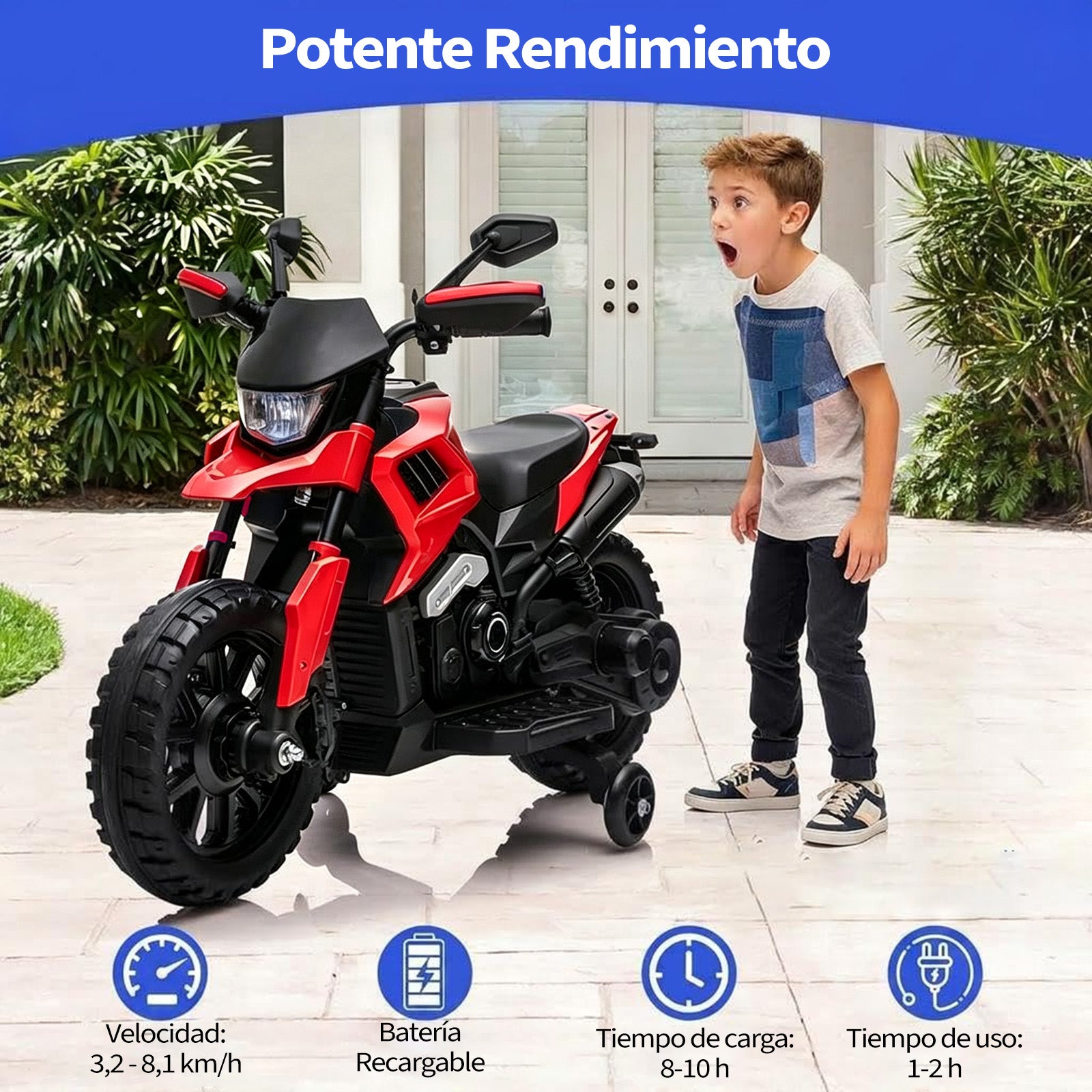 Garvee Moto Eléctrica Infantil 6V 4Ah, 3 Velocidades, Ruedas de Apoyo, Faros LED y Música, para Niños de 3 a 6 Años, 25 kg, Rojo