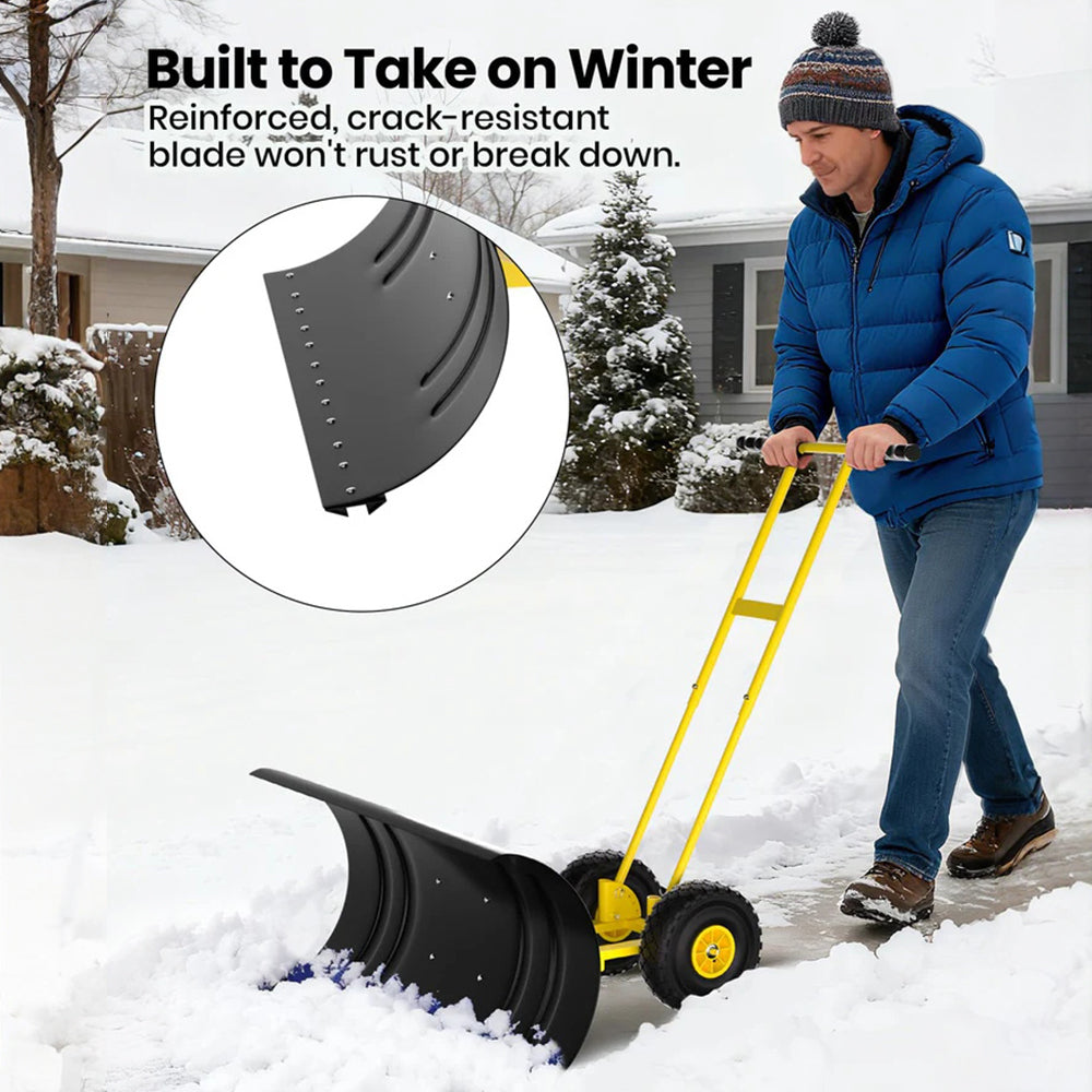 Garvee Pala de Nieve de Acero Galvanizado 73.66 Cm con Ruedas, Hoja Ajustable 7 Posiciones, Mango Ergonómico 5 Niveles, Armazón Robusto para Usuarios Comunes en Entradas y Aceras, Amarillo