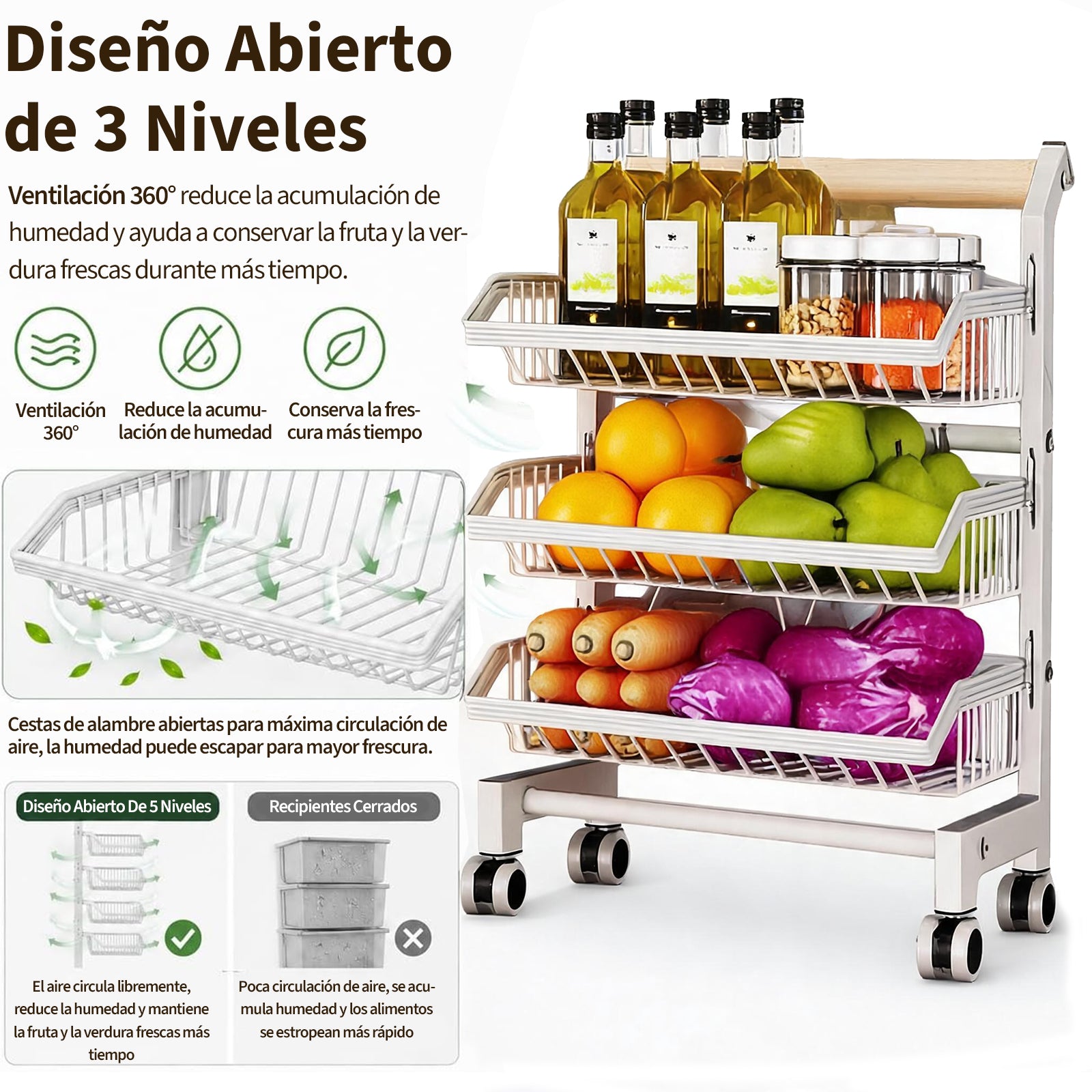 Garvee Carrito Organizador Móvil de Acero al Carbono de 3 Niveles con Ruedas Carro de Almacenamiento Multiusos para Cocina y Dormitorio Blanco