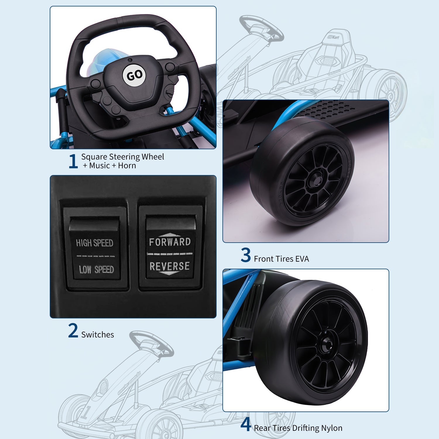 Garvee Go-Kart Eléctrico 24V, 2 Motores 300W, Velocidad 13 km/h, Asiento Amplio, Música y Deriva Segura, Batería 9Ah, 8-12 años, Exterior, Azul