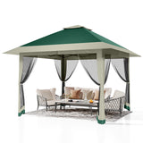 Garvee Gazebo Plegable de 396 x 396 cm con Mosquitera Perimetral y Estructura Reforzada, Protección UV 99%, Verde y Gris - Verde