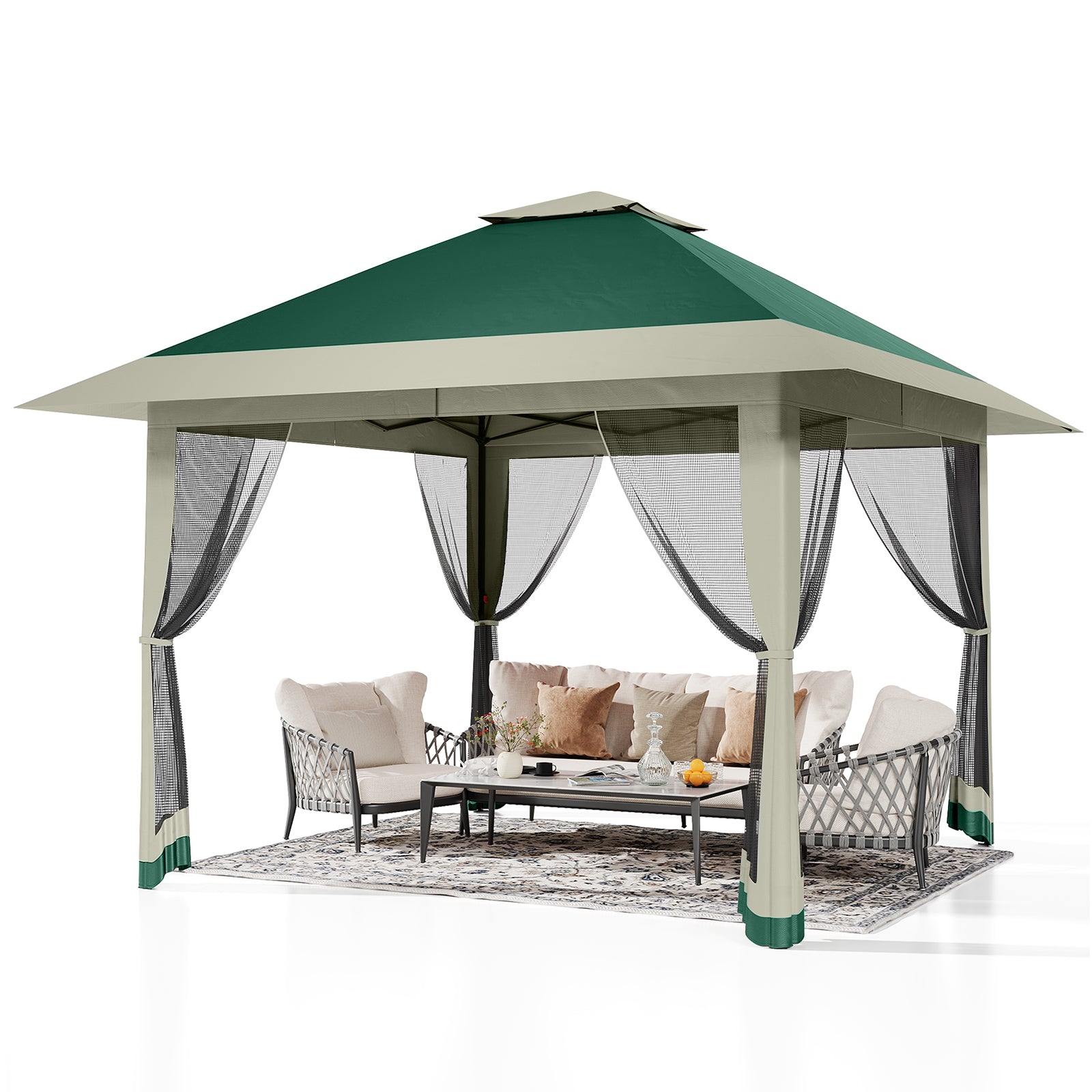 Garvee Gazebo Plegable de 396 x 396 cm con Mosquitera Perimetral y Estructura Reforzada, Protección UV 99%, Verde y Gris