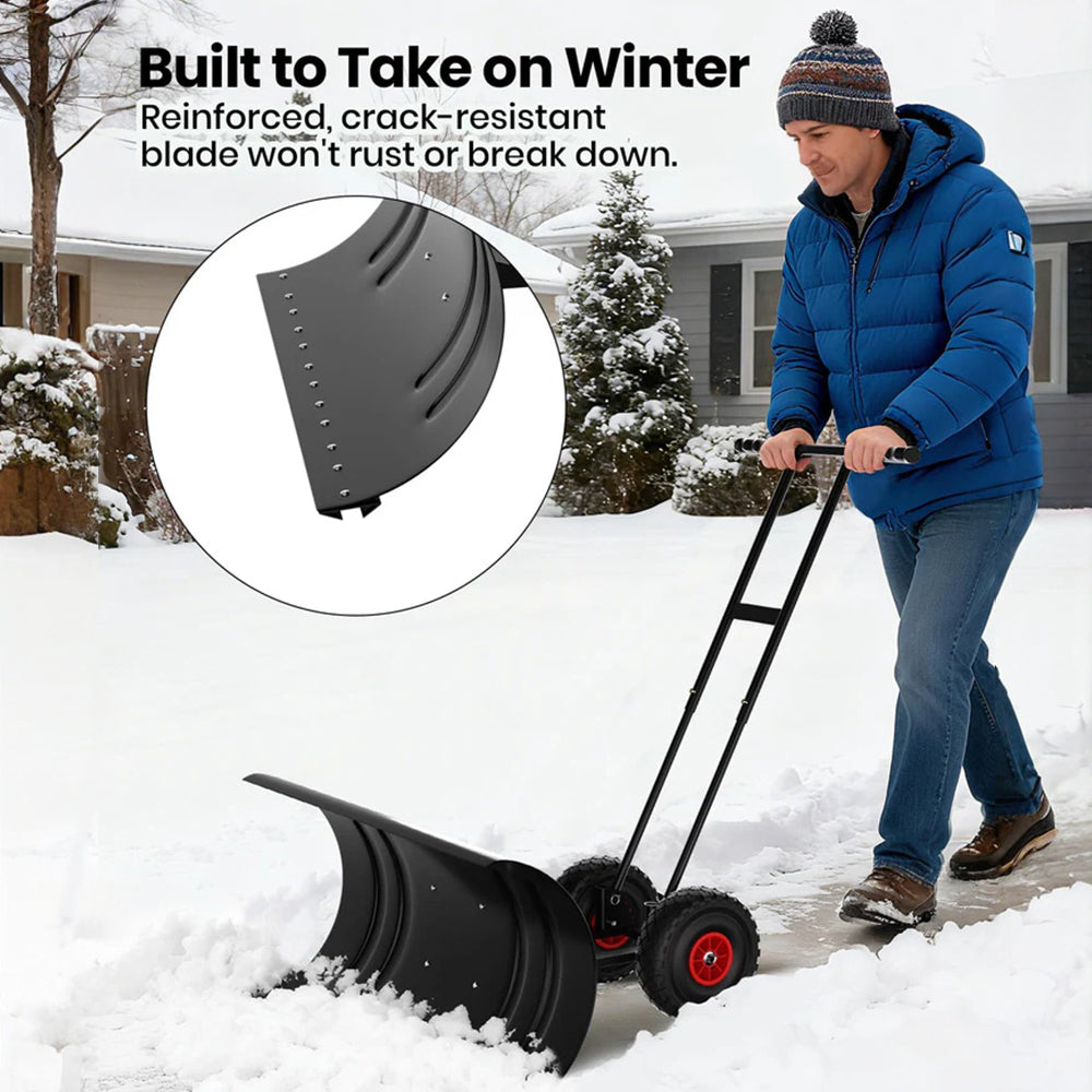 Garvee Pala de Nieve de Acero Galvanizado 73.66 Cm con Ruedas, Hoja Ajustable 7 Posiciones, Mango Ergonómico 5 Niveles, Herramienta Resistente para Propietarios de Casas en Entradas Residenciales, Negro