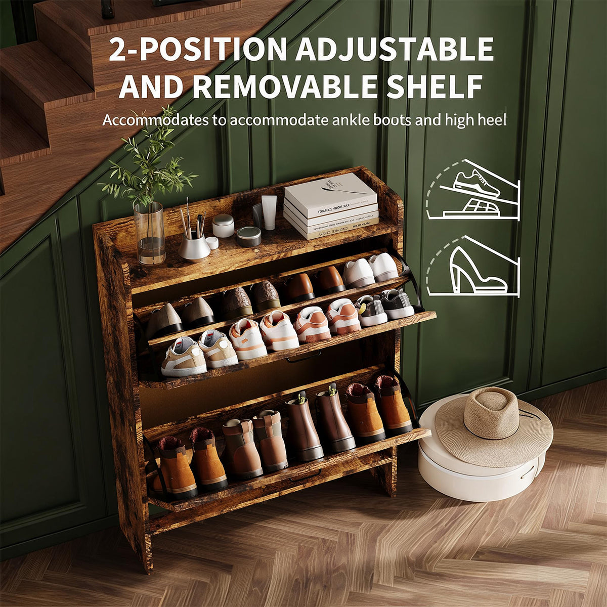 Garvee Zapatero Estrecho de Recibidor con 2 Cajones Abatibles Organizador de Zapatos Oculto de Madera MDF y Patas Metálicas Mueble Estilo Industrial Rústico, Marrón