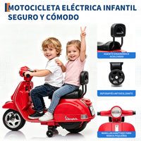 Garvee Moto Eléctrica Infantil Estilo Vespa con Licencia Oficial, Faros LED, Música y Ruedas de Apoyo, Batería 6 V 4,5 Ah, Motor 25 W, Carga Máxima 25 kg, Rojo