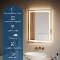 Garvee Espejo de Baño LED 60x80 cm Antivaho Regulable 3 Colores de Luz Interruptor Táctil Vidrio 4mm Sin Marco