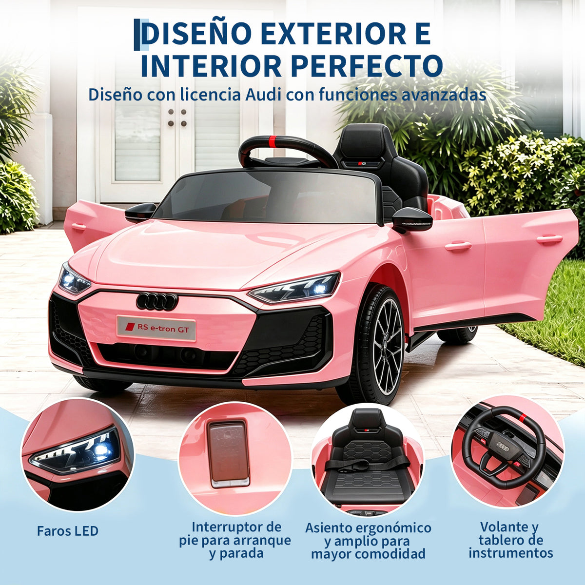 Garvee Coche Eléctrico Infantil de 12 V 4,5 Ah con Licencia Audi, Doble Modo de Conducción con Mando a Distancia, Cinturón de Seguridad, Música por USB y Doble Motor 390, Estándar EU, Rosa