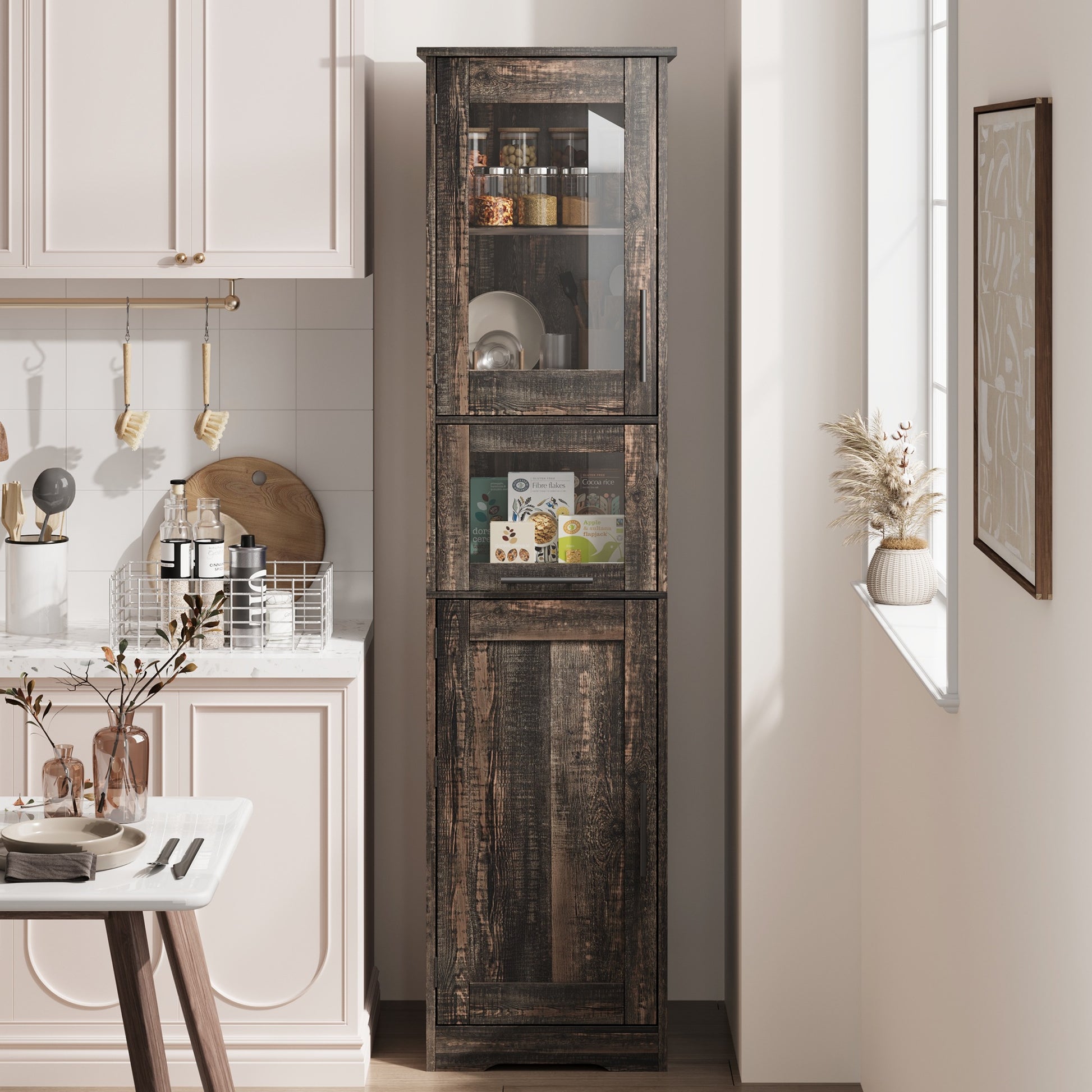 Garvee Armario Alto 170 cm Madera MDF Puerta Vidrio Templado Para Baño Cocina Diseño Compacto Blanco