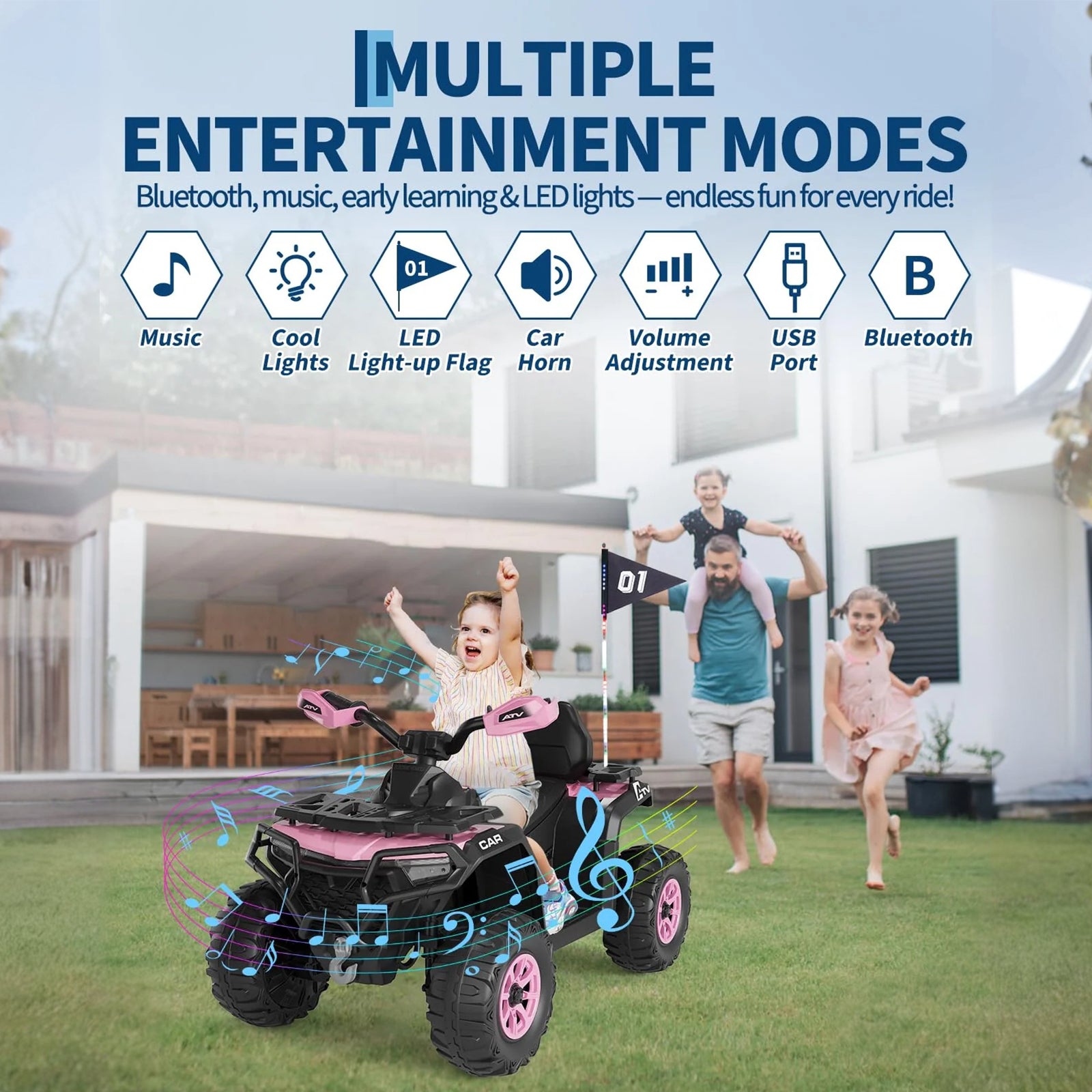 Garvee Quad Eléctrico 12V, 2 Motores, Suspensión, LED, Bluetooth, Música, USB, Control Parental, Ruedas de Plástico Off-Road, 3-6 años, Exterior, Rosa