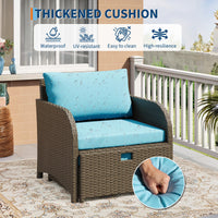 Garvee Conjunto de Muebles de Jardín de Ratán de 5 Piezas con 2 Sillones Mesa de Vidrio y Otomanas para Balcón y Terraza, Marrón y Azul Cielo