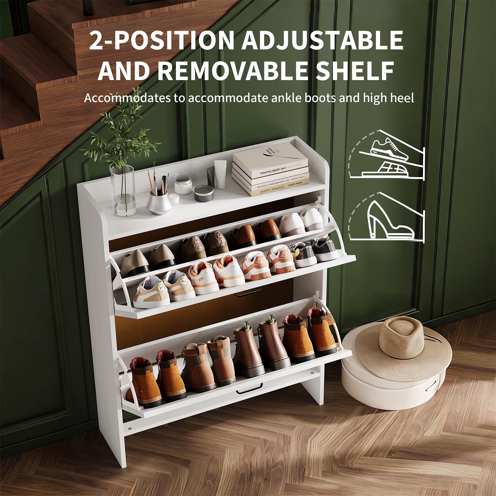 Garvee Zapatero Estrecho de Recibidor con 2 Cajones Abatibles Organizador de Zapatos Oculto de Madera MDF y Patas Metálicas Mueble Estilo Rústico, Blanco