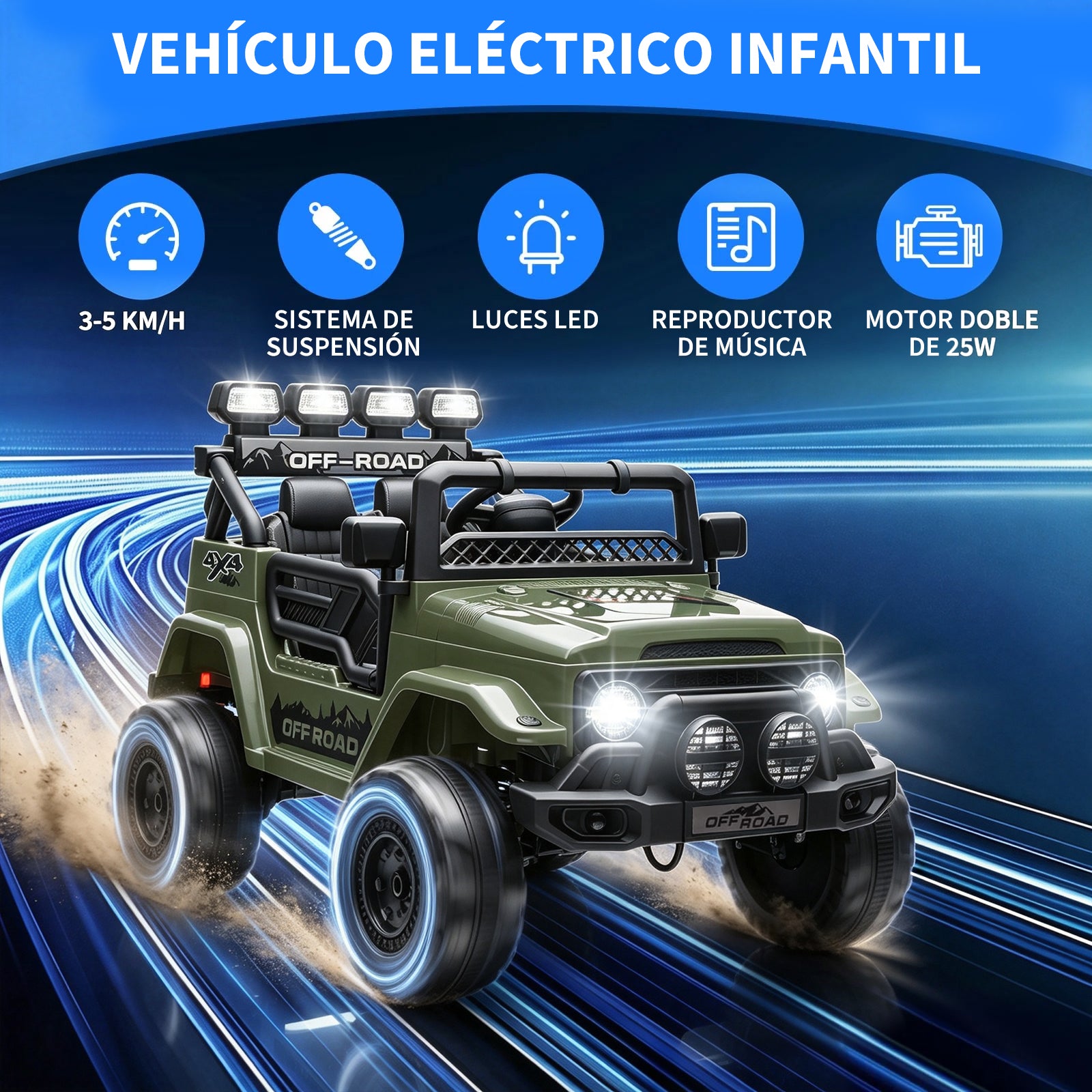 Garvee Coche Eléctrico 12V, Bluetooth, Luces LED, Seguridad, Control Remoto, 3-6 años, Interior y Exterior, Verde