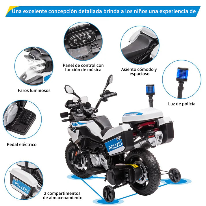 Garvee Motocicleta Infantil Policía 12V 7Ah, 2 Velocidades y MP3, Material Duradero, LED y Suspensión, Ruedas de Apoyo, 3-6 años, Exterior, Blanco