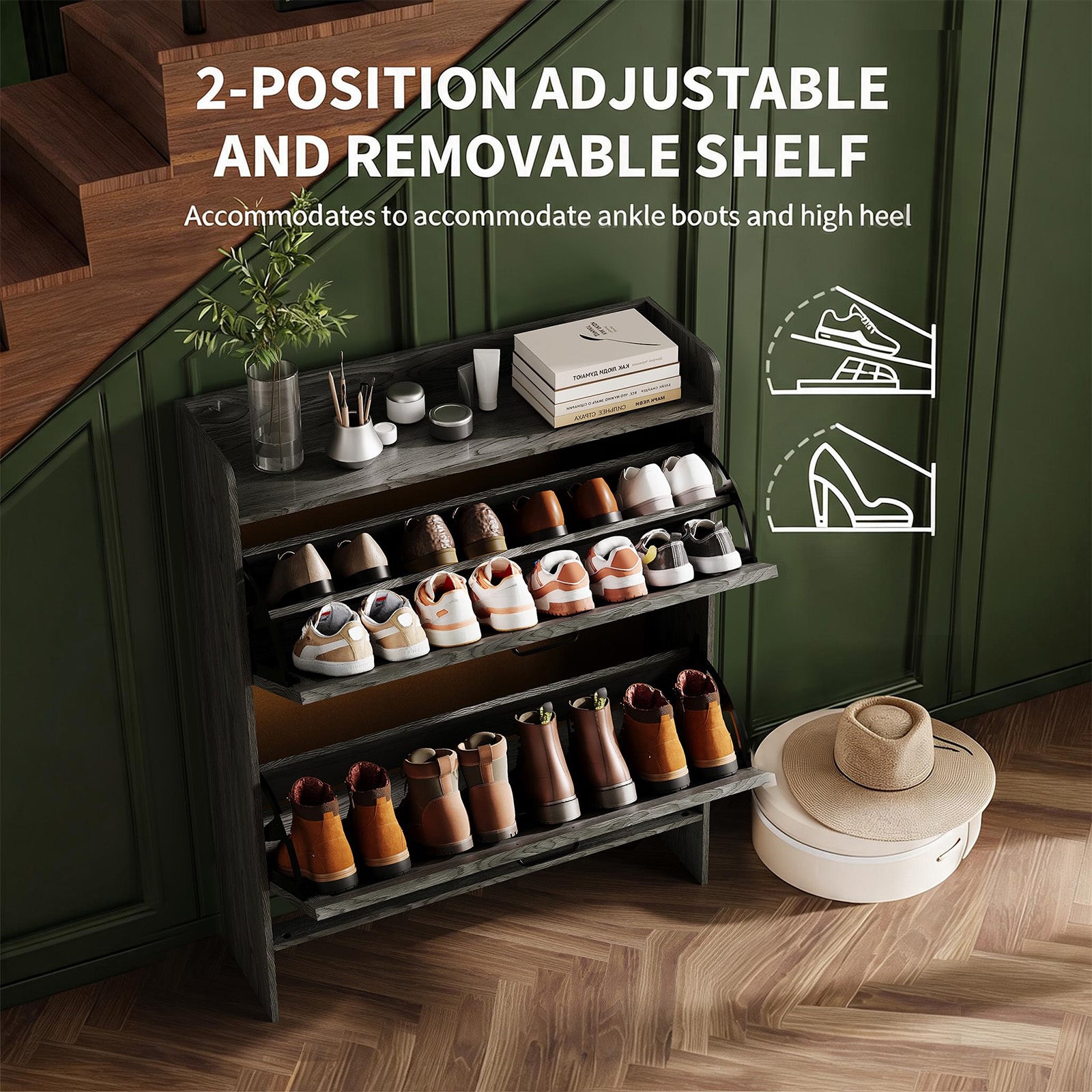 Garvee Zapatero Estrecho de Recibidor con 2 Cajones Abatibles Organizador de Zapatos Oculto de Madera MDF y Patas Metálicas Mueble Estilo Rústico, Negro
