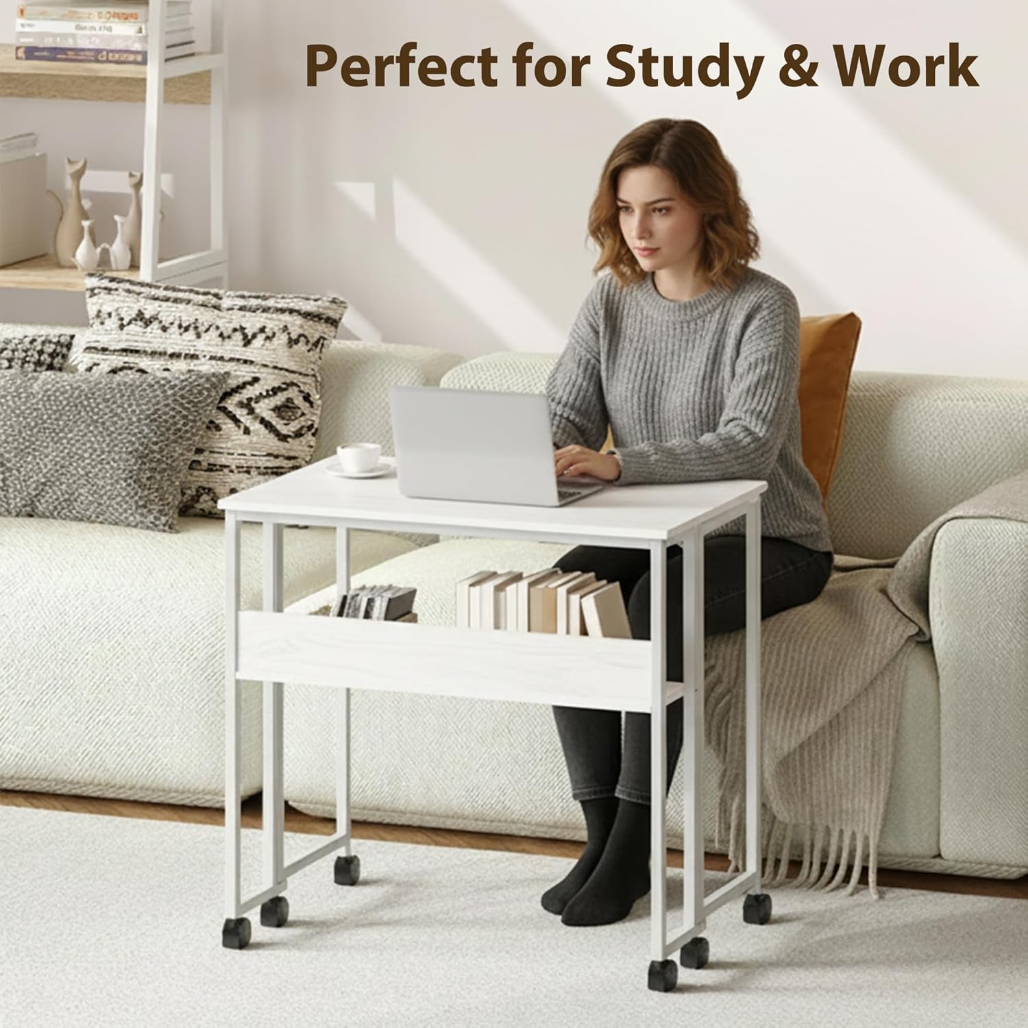 Escritorio plegable compacto con ruedas Garvee blanco