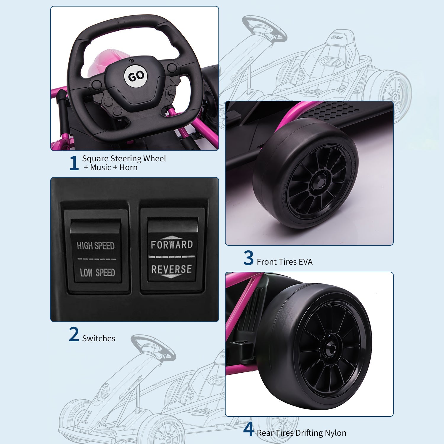 Garvee Go-Kart Eléctrico 24V, 2 Motores 300W, Velocidad 13 km/h, Asiento Amplio, Música, Ruedas EVA Y Nylon, 8-12 años, Exterior, Rosa Fucsia