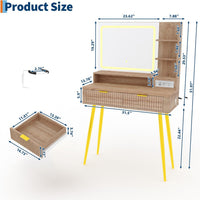 Garvee Tocador de Maquillaje 79cm con Espejo LED, 2 Cajones y Armario, Incluye Estación de Carga con Enchufe Europeo, Madera Natural