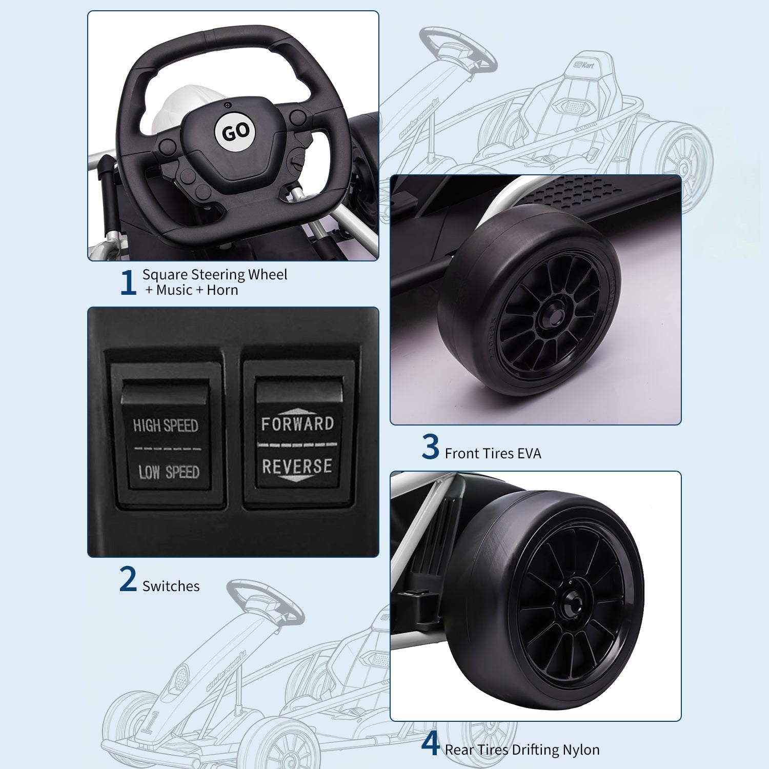 Garvee Go-Kart Eléctrico 24V, 2 Motores 300W, Velocidad 13 km/h, Nylon y EVA, 8-12 años, Exterior, Blanco