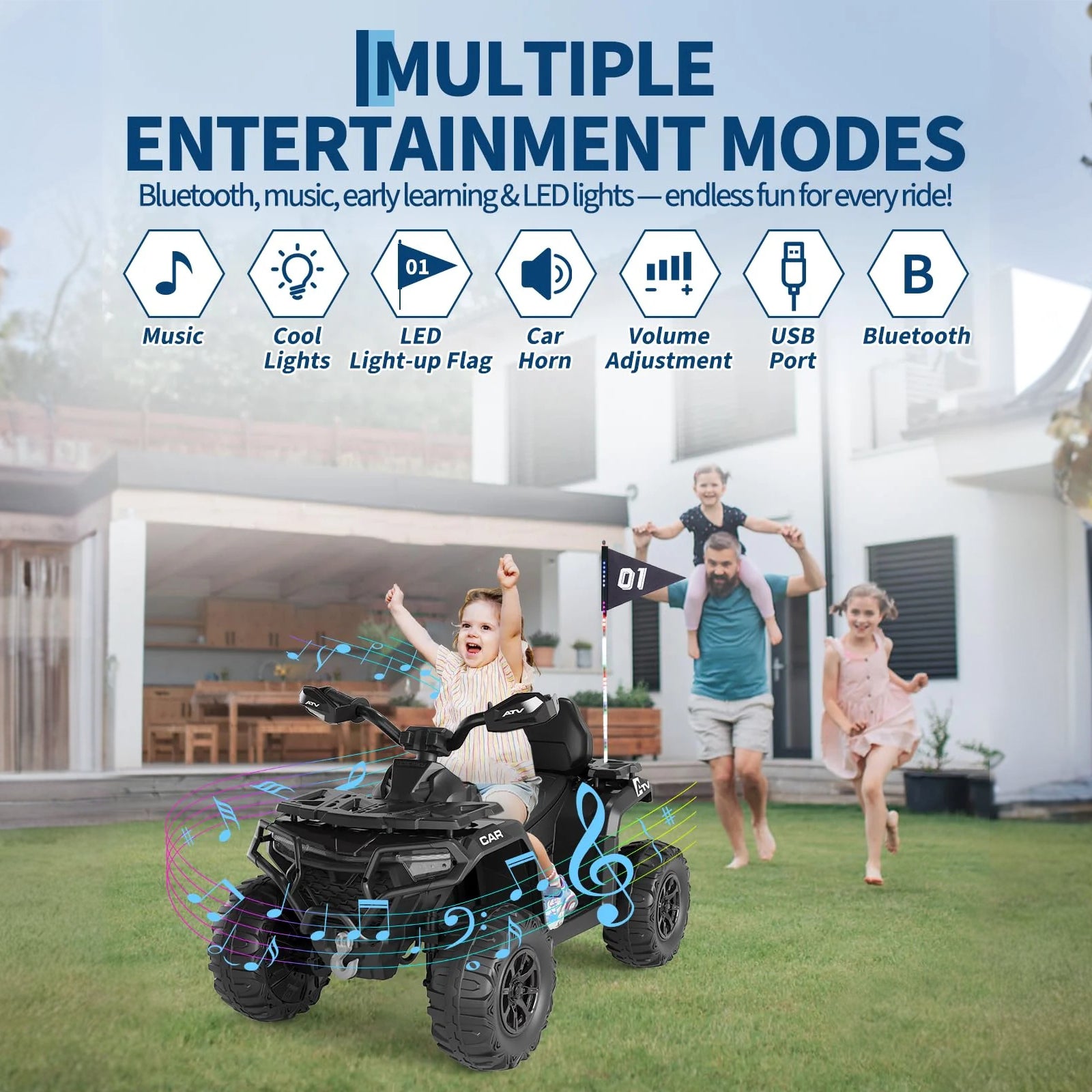 Garvee Quad Eléctrico 12V, Control Remoto, 2 Motores Potentes, Suspensión, LED, Bluetooth, Música, USB, 3-8 años, Exterior, Azul