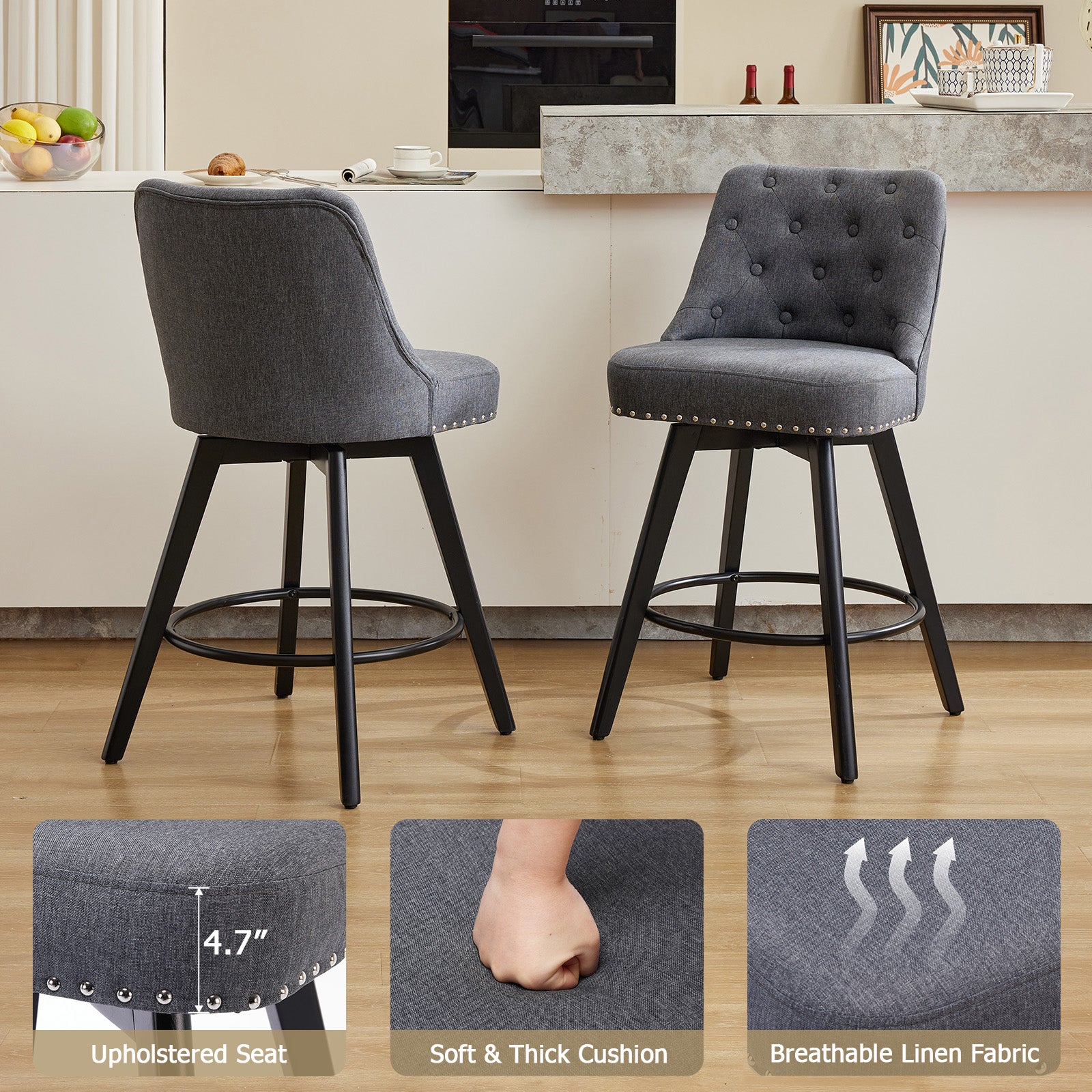 Garvee Taburetes de Bar Modernos Giratorios con Respaldo, Asiento Acolchado de Lino Gris, Patas de Madera Sólida, Altura 66 cm para Cocina y Bar en Casa
