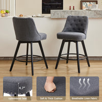 Garvee Taburetes de Bar Modernos Giratorios con Respaldo, Asiento Acolchado de Lino Gris, Patas de Madera Sólida, Altura 66 cm para Cocina y Bar en Casa