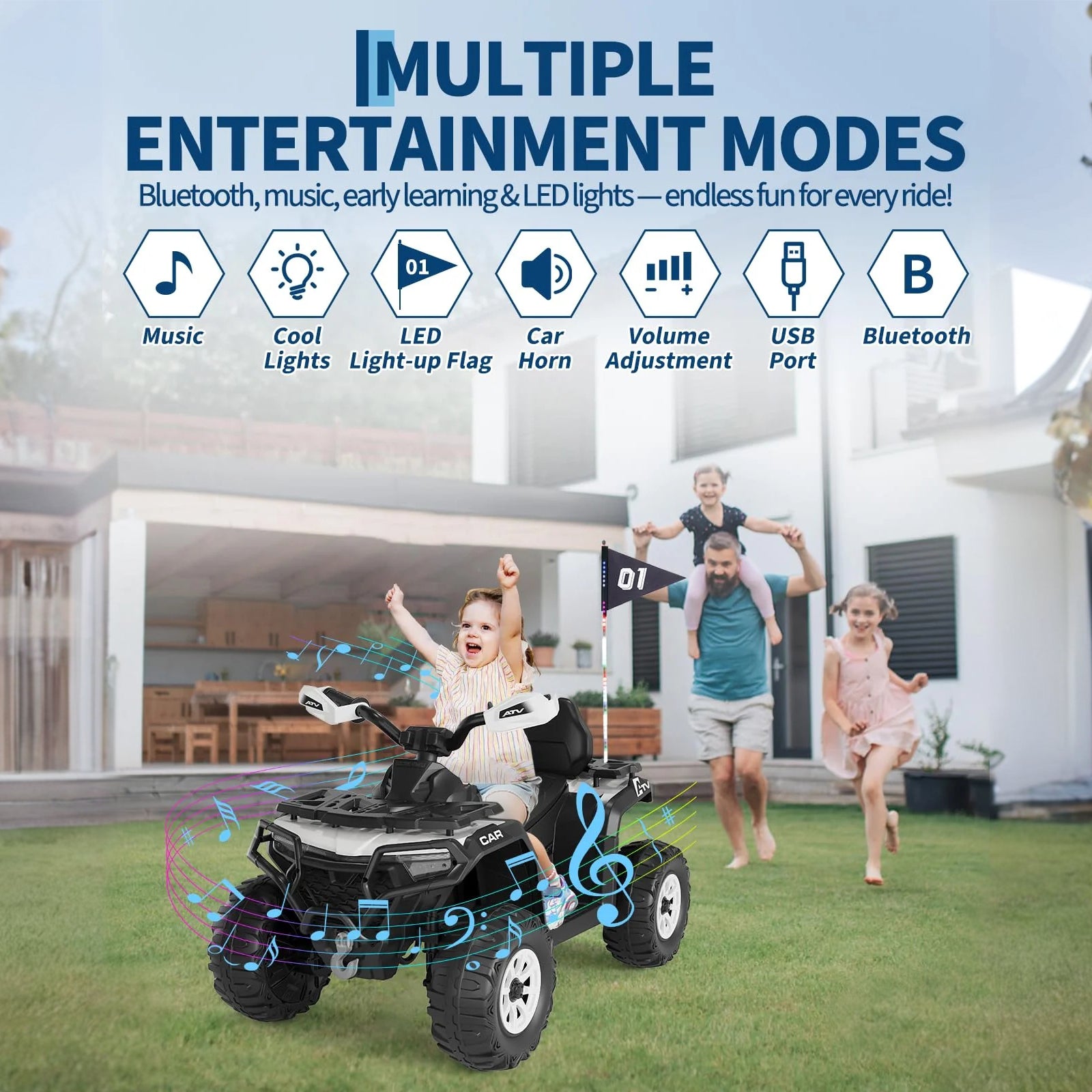 Garvee Quad Eléctrico 12V, 2 Motores, Suspensión, LED, Bluetooth, Música, USB, Control Parental, ATV Offroad, 3-8 años, Exterior, Blanco