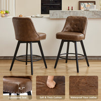 Garvee Taburetes de Bar Giratorios Modernos con Respaldo, Asiento Acolchado de Cuero, Patas de Madera Sólida, Altura 66 cm para Cocina y Bar en Casa, Diseño con Tachuelas, Negro