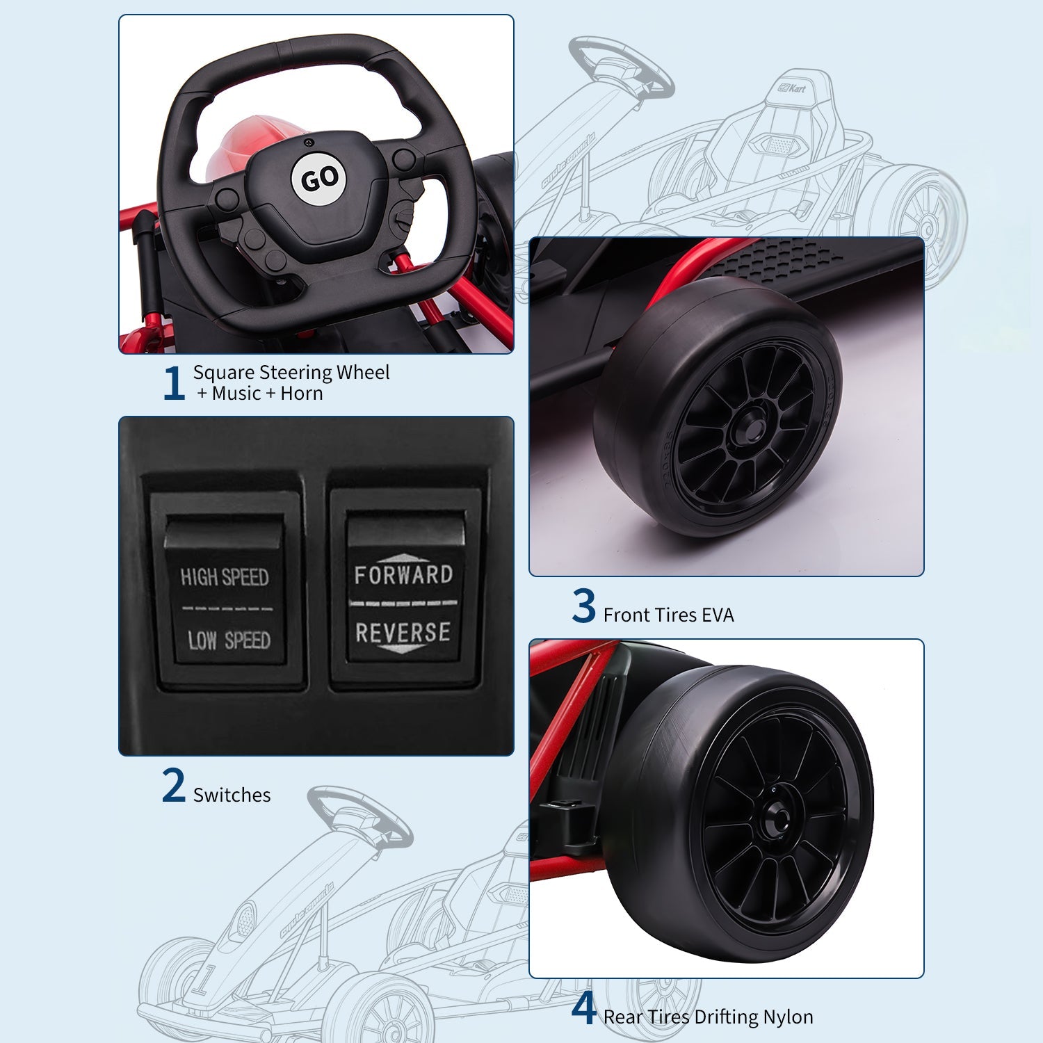 Garvee Go-Kart Eléctrico 24V, 2 Motores 300W, Velocidad 13 km/h, Asiento Amplio, Música, Neumáticos EVA y Nylon, 8-12 años, Aire Libre, Rojo