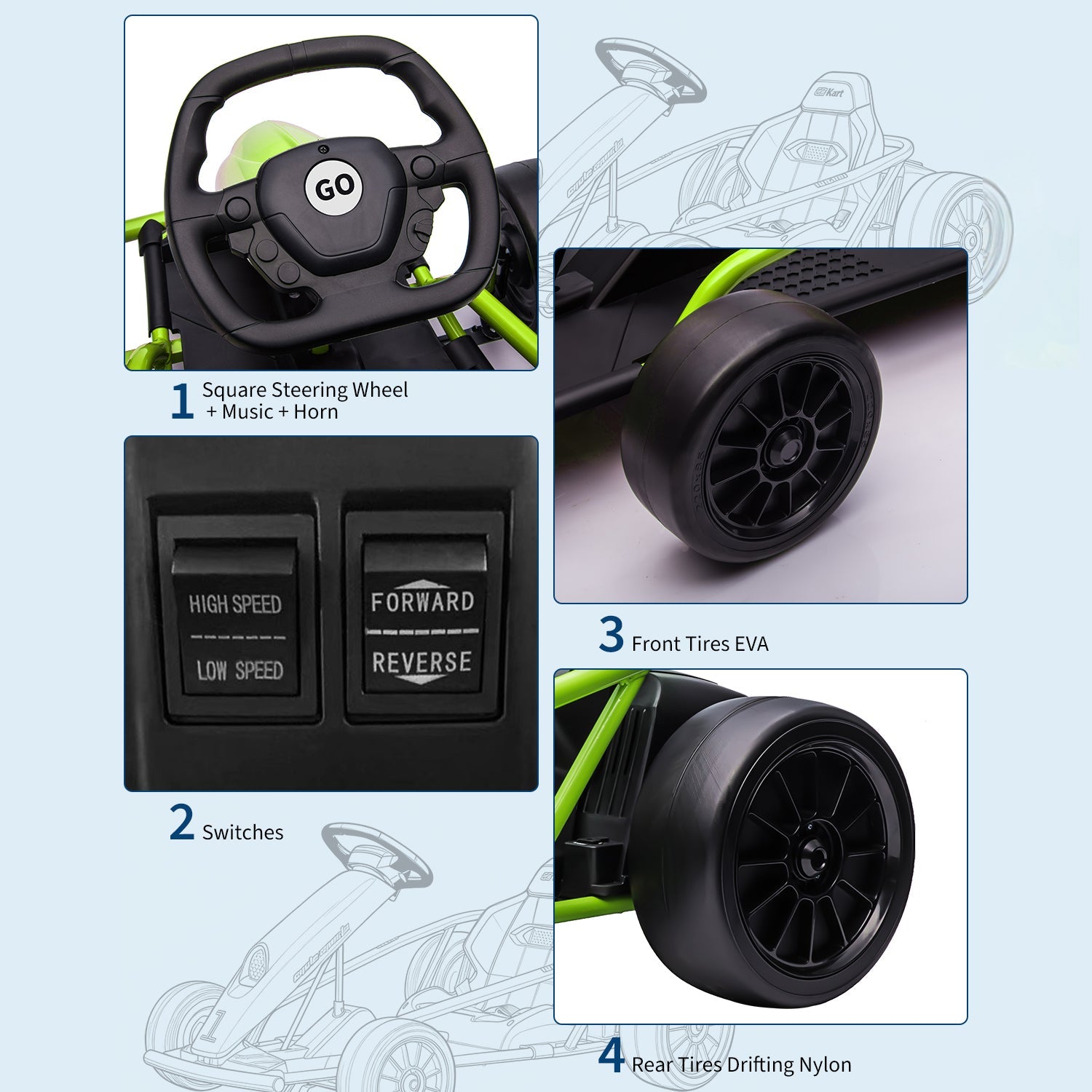 Garvee Go-Kart Eléctrico 24V, 2 Motores 300W, Velocidad 13 km/h, Asiento Amplio, Frenos de Seguridad, Música y Hupe, 8-12 años, Exterior, Verde