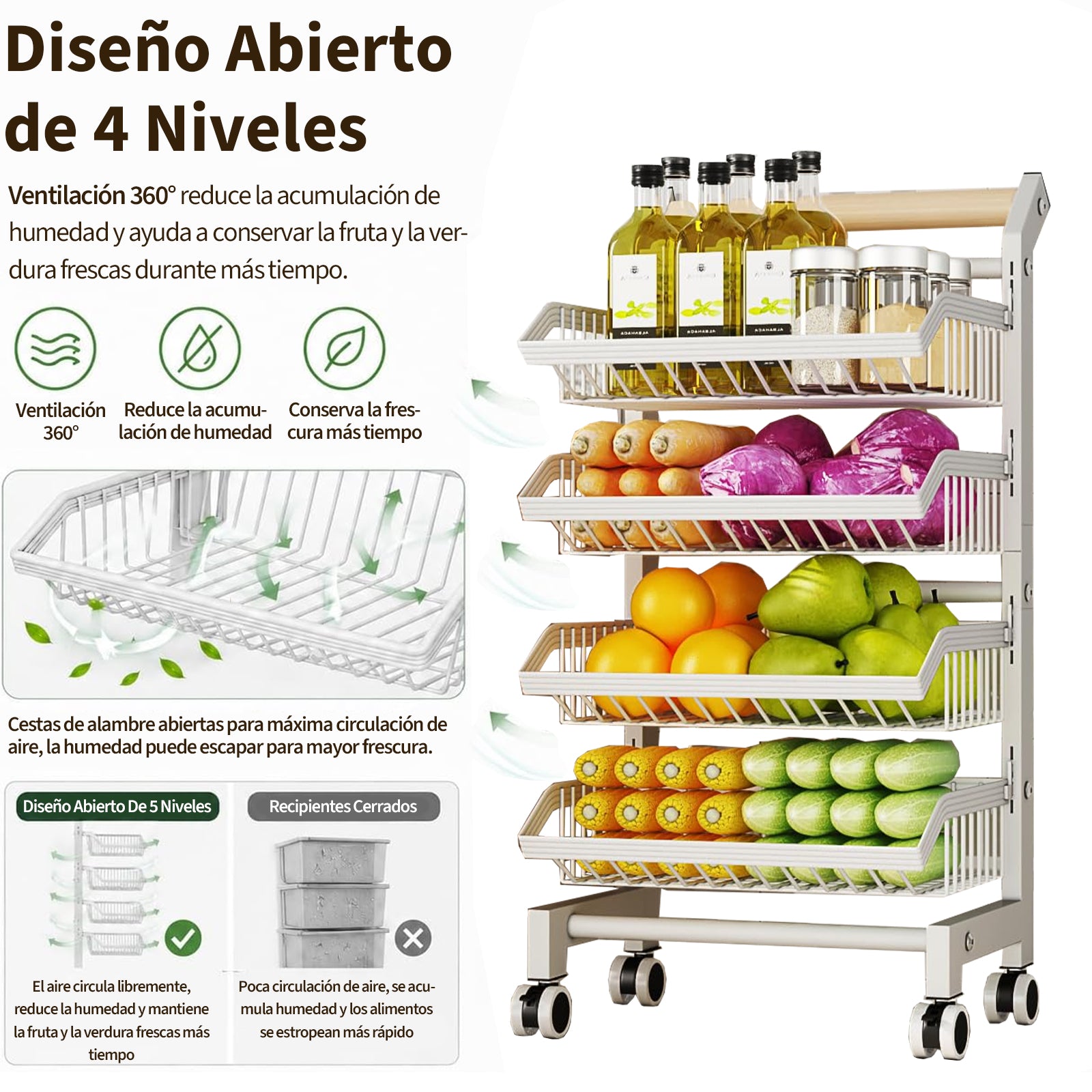 Garvee Carro Estrecho Organizador de 4 Niveles con Cajones de Hierro para Cocina Salón o Balcón Blanco