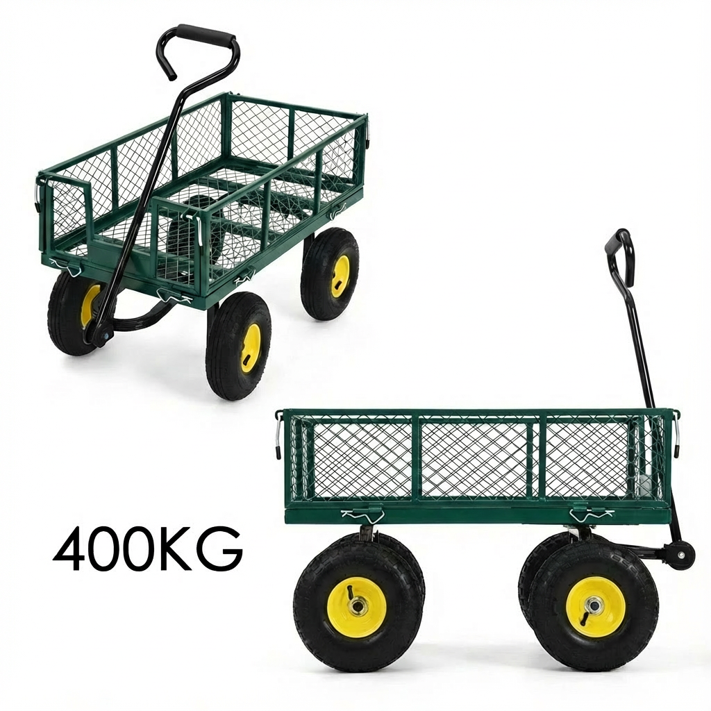 Garvee Carro de Jardín de Acero Multifunción 3 en 1 400 KG 96x22x51 cm Ruedas Neumáticas 25.4 cm Manija Giratoria 180° Laterales Removibles para Transporte de Herramientas Granjas Jardines Verde Oscuro Llantas Amarillas