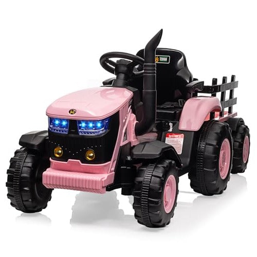 Garvee Tractor Eléctrico 12V, Remolque Amovible, Motor Doble 35W, Control Remoto, 3-6 años, Jardín, Rosa