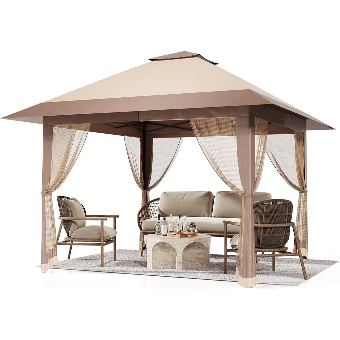 Garvee Gazebo Plegable de 4 x 4 m Carpa de Jardín con Bloqueo Central One Push Altura Ajustable y Mosquitera Protección UV y Lluvia Caqui