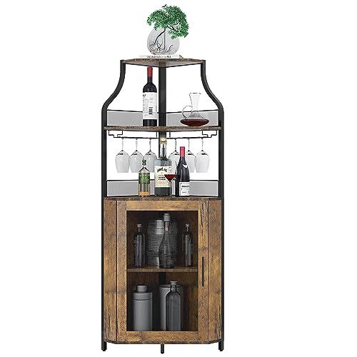 Garvee Gabinete Esquinero de Bar 155 cm Alto Madera Industrial 5 Estantes Ajustables Luz LED Portavasos de Vidrio para Cocina y Sala Vintage
