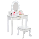 Garvee Set de Tocador Infantil de Madera con Luz, Mesa con Cajón y Taburete Seguro para Niñas 4-9 Años, Juego de Maquillaje Infantil, Blanco con Luz - Blanco
