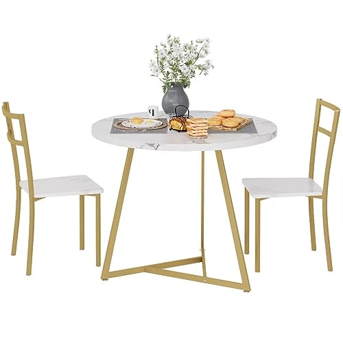 Garvee Mesa de comedor redonda Garvee con sillas, estructura dorada, superficie de mármol blanco, ideal para familia, cocina y sala de estar interior, 79x79x75 cm, dorado y blanco