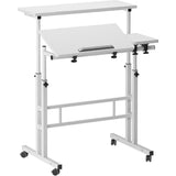 Garvee Escritorio Ajustable en Altura con Ruedas, Doble Nivel y Tablero Inclinable, Madera y Metal, para Oficina y Hogar, Móvil y Estable - Blanco