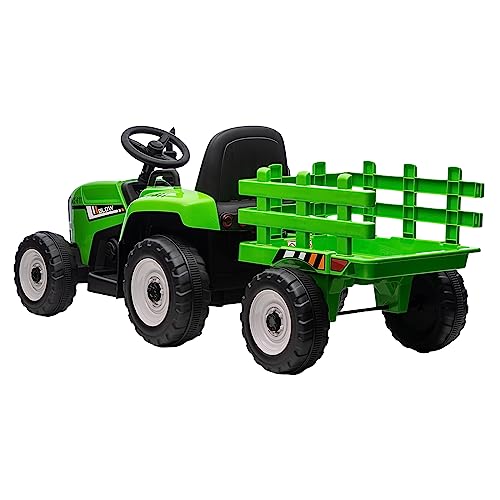 Garvee Tractor Eléctrico 12V, 2 Modos De Conducción, Mando A Distancia, 3 Velocidades, Remolque, Luces LED, Bluetooth, Música USB, 3-7 años, Jardín, Verde